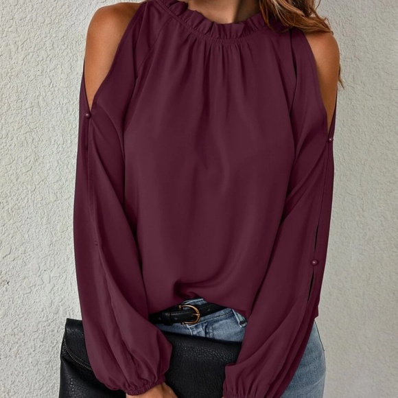 Boho Mock Neck Cold Shoulder Blouse - Picture 12 of 12
